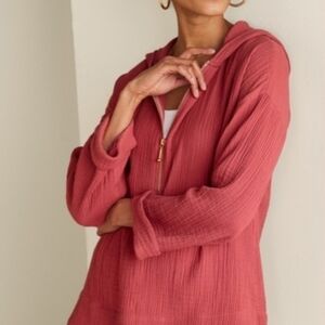 Soft Surroundings Kemia Gauze Coral Hoodie Sweatshirt Size M